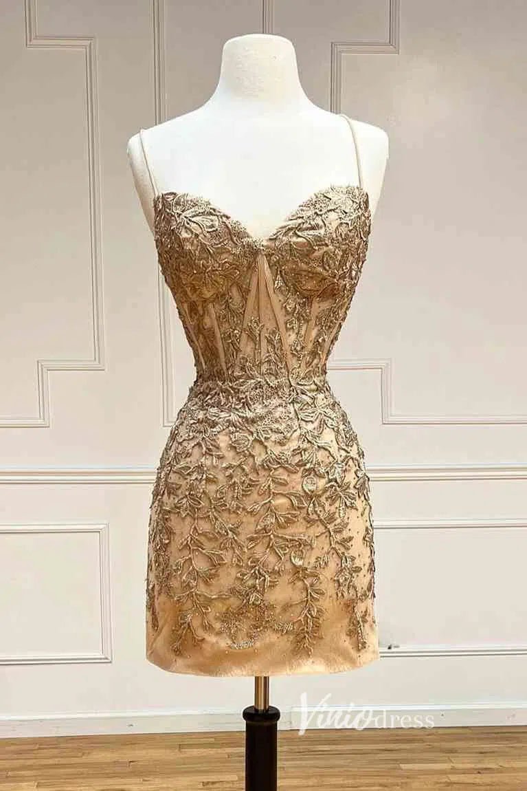 Red Lace Appliqued Tight Homecoming Dresses Spaghetti Strap Cocktail Dress SD1240-Homecoming Dresses 2025 -Viniodress-Gold-Custom Size-