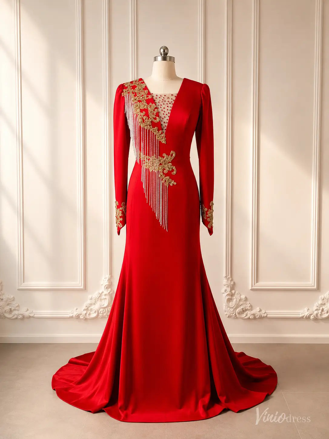 Red Long Sleeve Evening Dresses Beaded Lace V-Neck Mother of the Bride – Viniodress