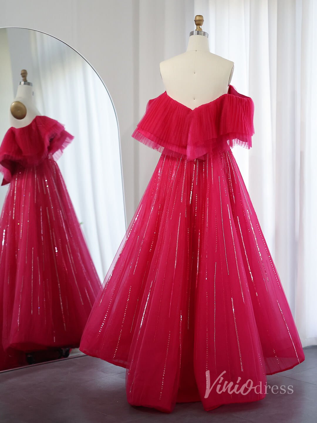 Red Off the Shoulder Prom Dresses Sequin Lace Formal Gown AD1187-prom dresses 2025 -Viniodress-Red-US2-