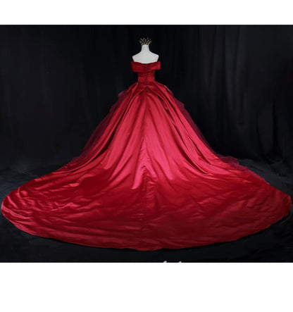 Red Pleated Satin Quinceanera Dresses Off the Shoulder Prom Ball Gown FD3453-prom dresses 2025 -Viniodress-Red-Custom Size-
