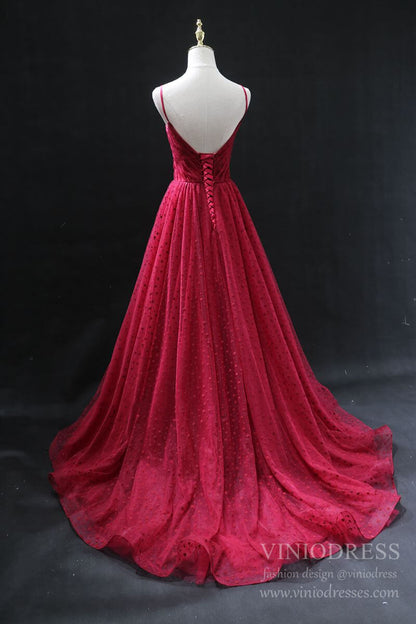 Red Polka Dot Lace Prom Dresses Spaghetti Strap V-neck Evening Dress-Prom Dresses 2025 -VINIODRESS-Red-US2-