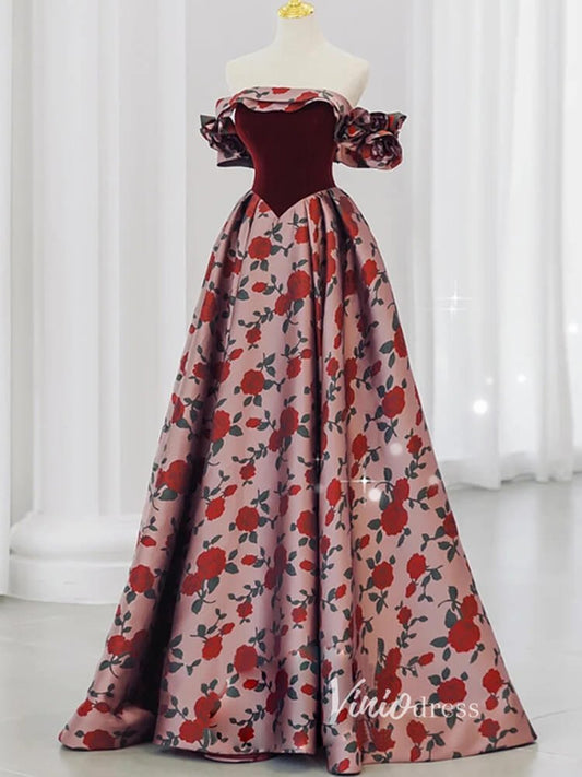 Red Rose Floral Printed Prom Dresses Off the Shoulder Formal Gown, Corset Back FD3246-prom dresses 2025 -Viniodress-As Picture-Custom Size-