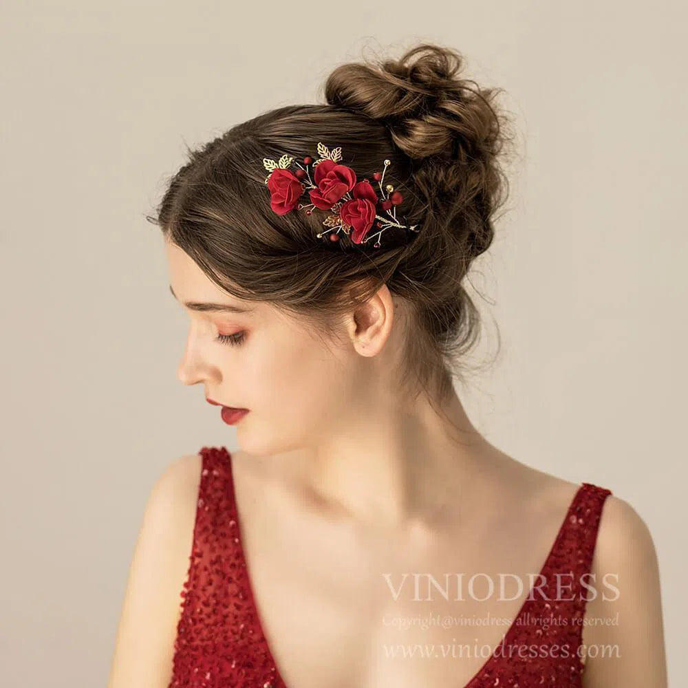 Red Rose Headpieces AC1111-Headpieces 2025 -Viniodress-1PCS-
