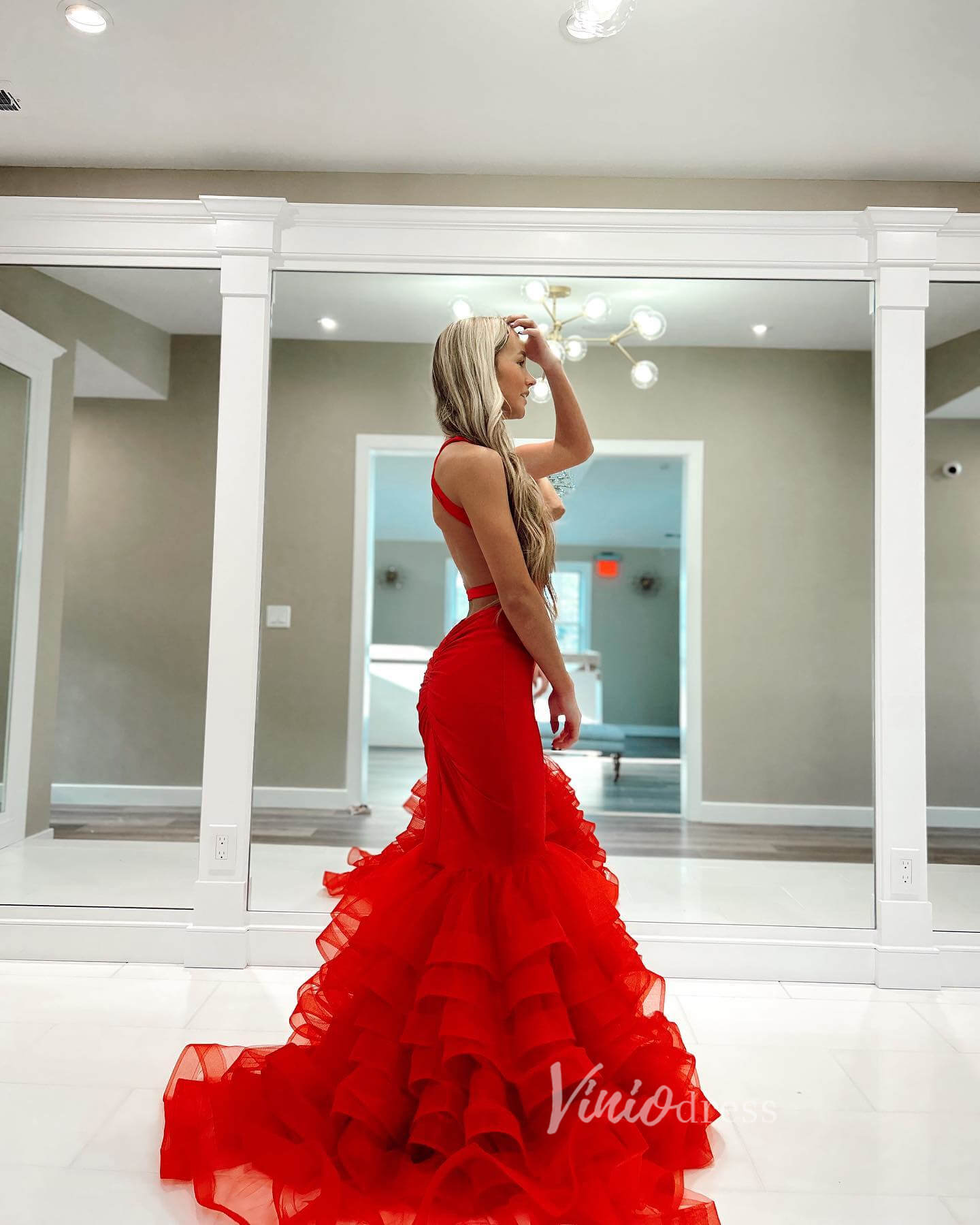 Red Ruffle Prom Dresses Satin Ruffle V-Neck Mermaid Dresses FD3621 – Viniodress
