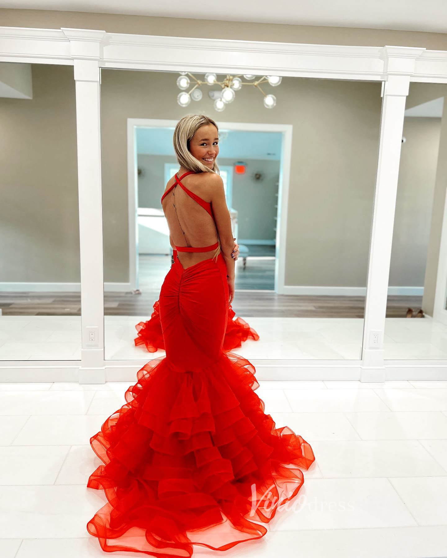 Red Ruffle Prom Dresses Satin Ruffle V-Neck Mermaid Dresses FD3621-prom dresses 2025 -Viniodress-Red-Custom Size-