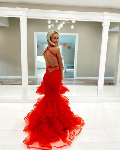 Red Ruffle Prom Dresses Satin Ruffle V-Neck Mermaid Dresses FD3621-prom dresses 2025 -Viniodress-Red-Custom Size-