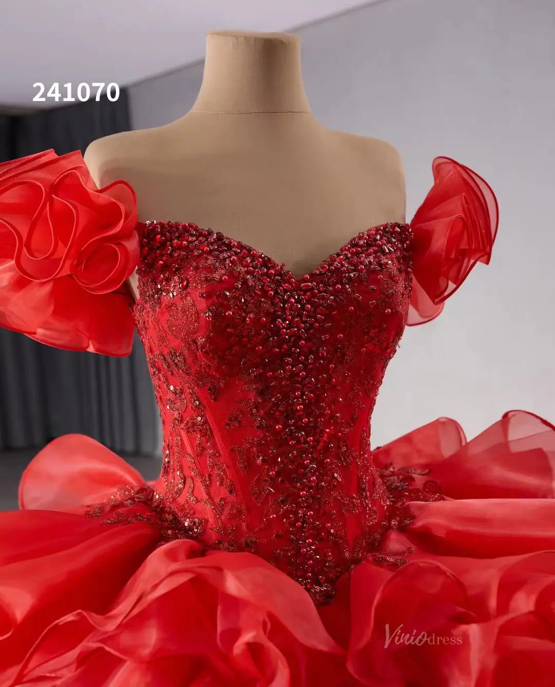 Red Ruffle Wedding Dresses Ball Gown Off the Shoulder Quinceanera Dresses 241070-Quinceanera Dresses 2025 -Viniodress-Red-Custom Size-