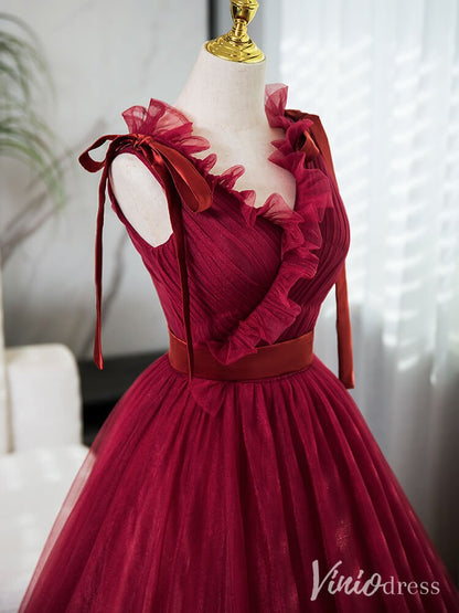 Red Ruffled Pleated Prom Dresses Bow-Tie V-Neck Tulle Ball Gown AD1358-prom dresses 2025 -Viniodress-Red-Custom Size-