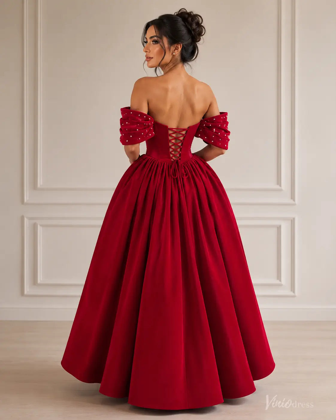 Red Satin Ball Gown Prom Dress with Pearl Off-Shoulder Sleeves, Crystal Neckline & Pockets