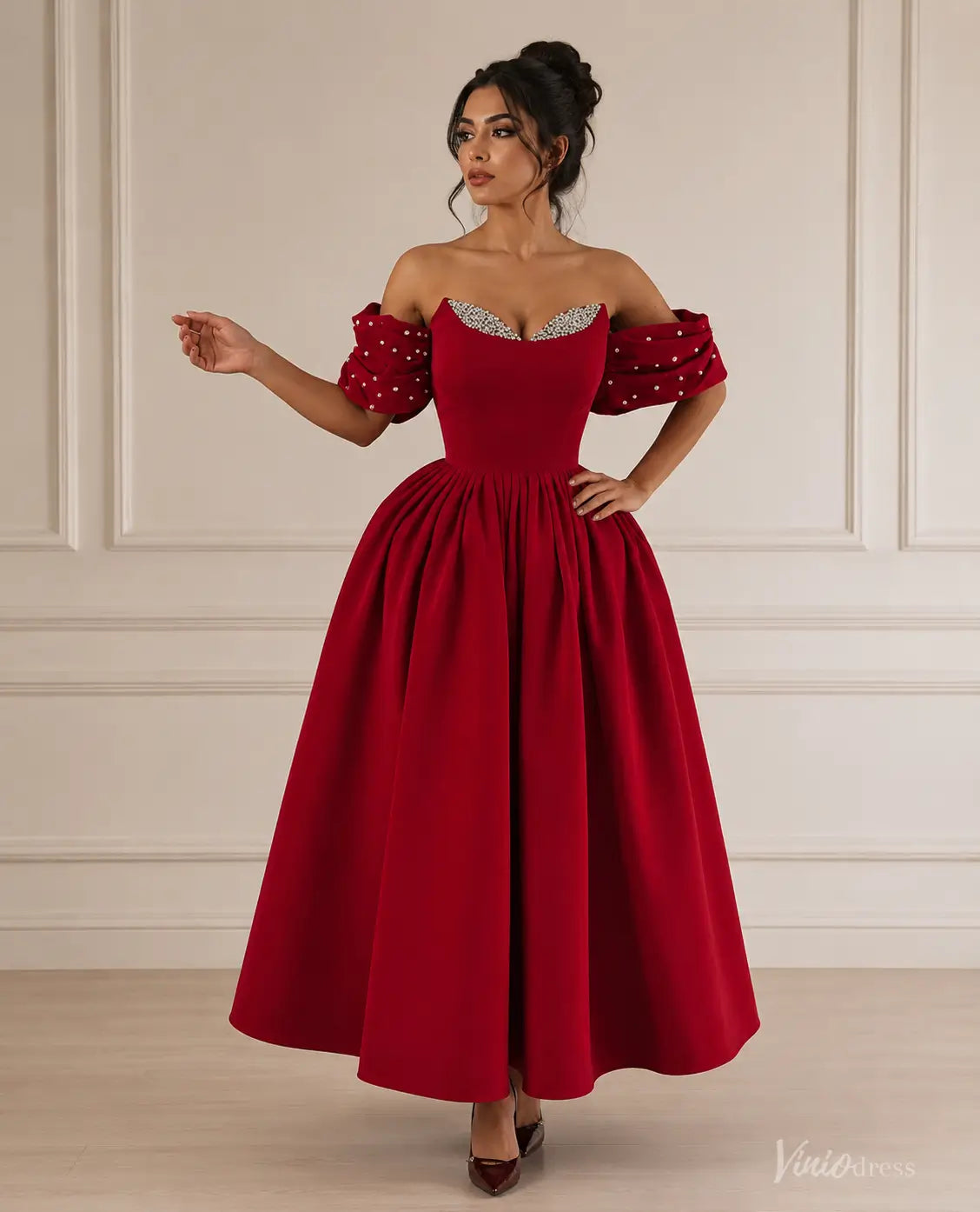 Red Satin Prom Dress with Pearl Sleeves & Crystal Neckline