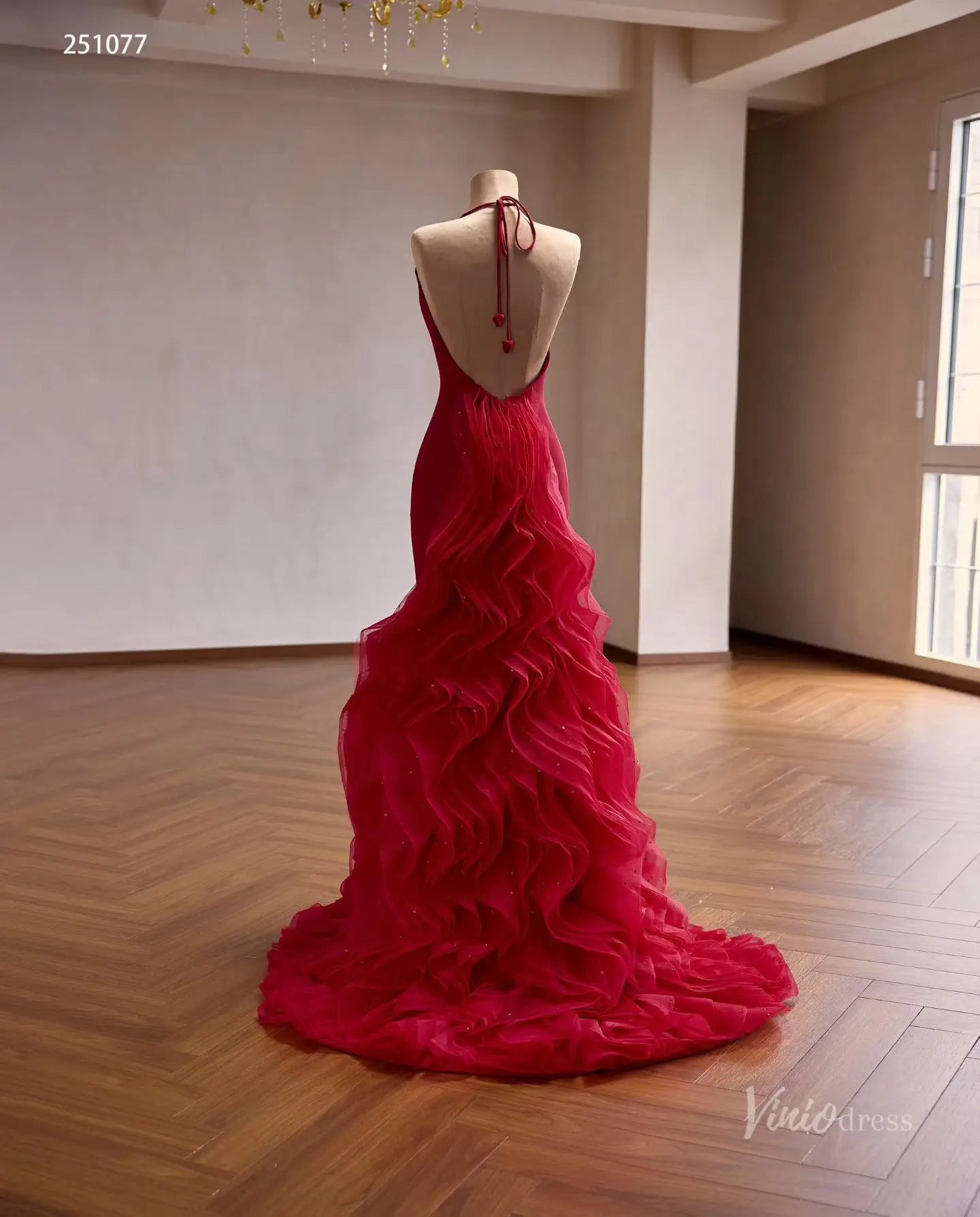Red Satin Halter Mermaid Prom Dress with Ruffle Train – 251077 – Viniodress