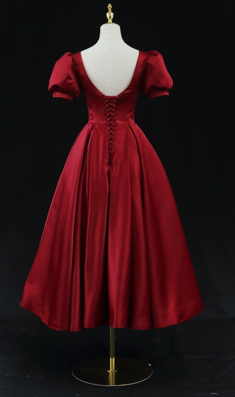 Red Satin Midi Prom Dresses with Short Puffed Sleeves, Pockets & Corse – Viniodress