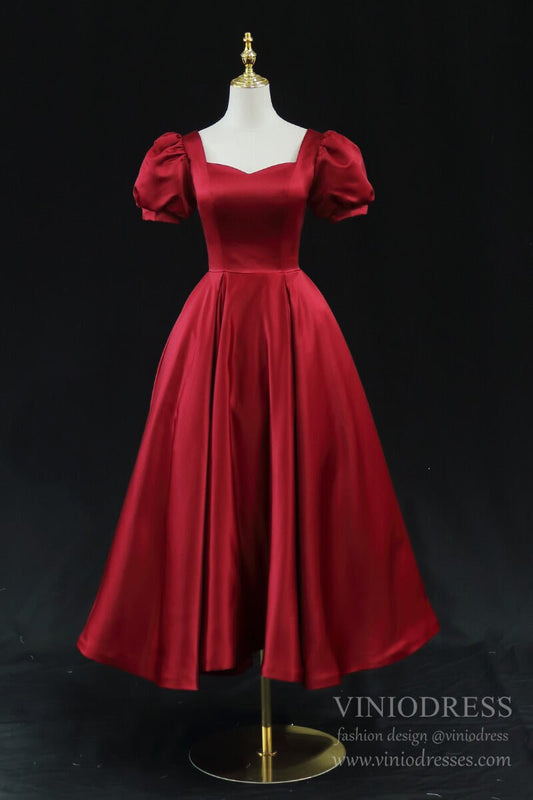 Red Satin Midi Prom Dresses with Short Puffed Sleeves, Pockets & Corset Back SD1392-Homecoming Dresses 2025 -Viniodress-Red-Custom Size-