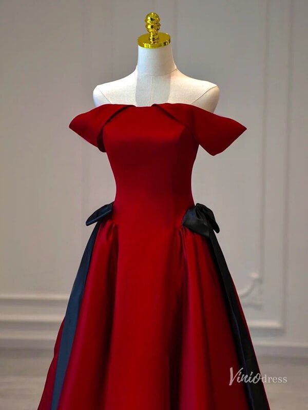 Red Satin Off the Shouler Prom Dresses Bow Tie Formal Gown BG084-prom dresses 2025 -Viniodress-Red-Custom Size-