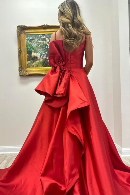 Red Satin Prom Dress with Beaded Neckline, Satin Bow Back, Draped Bodice, Spaghetti Strap – AS010-prom dresses 2026-Viniodress-Red-Custom Size – Add Measurements in Cart-