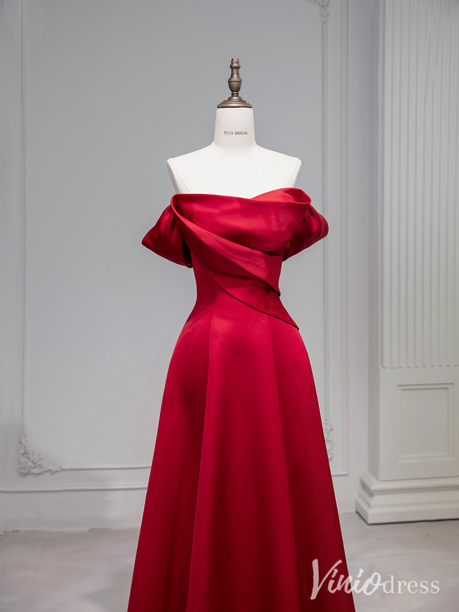 Red Satin Prom Dresses Off the Shoulder Formal Dresses AD1330-prom dresses 2025 -Viniodress-Red-Custom Size-