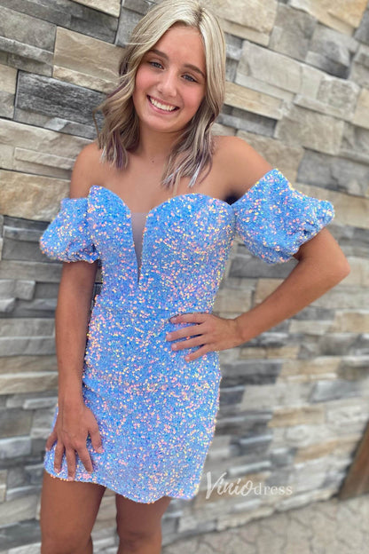 Red Sequin Homecoming Dresses Off the Shoulder Mini Cocktail Dress SD1519-Homecoming Dresses 2025 -Viniodress-Light Blue-Custom Size-
