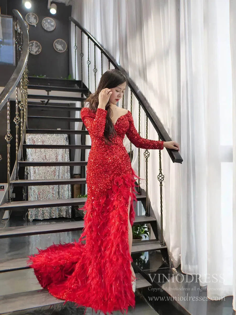 Red Sequin Prom Dress Long Sleeve High Slit Feather Pageant Dress 6712 – Viniodress