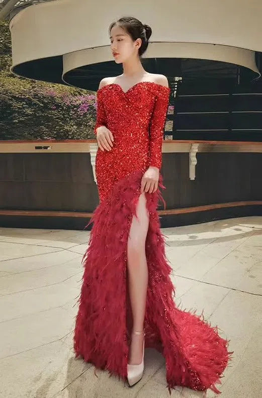 Red Sequin Prom Dress Long Sleeve High Slit Feather Pageant Dress 67125