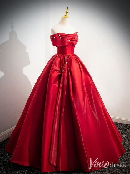 Red Shiny Satin Prom Dresses Off the Shoulder Formal Gown 90070-prom dresses 2025 -Viniodress-Red-Custom Size-