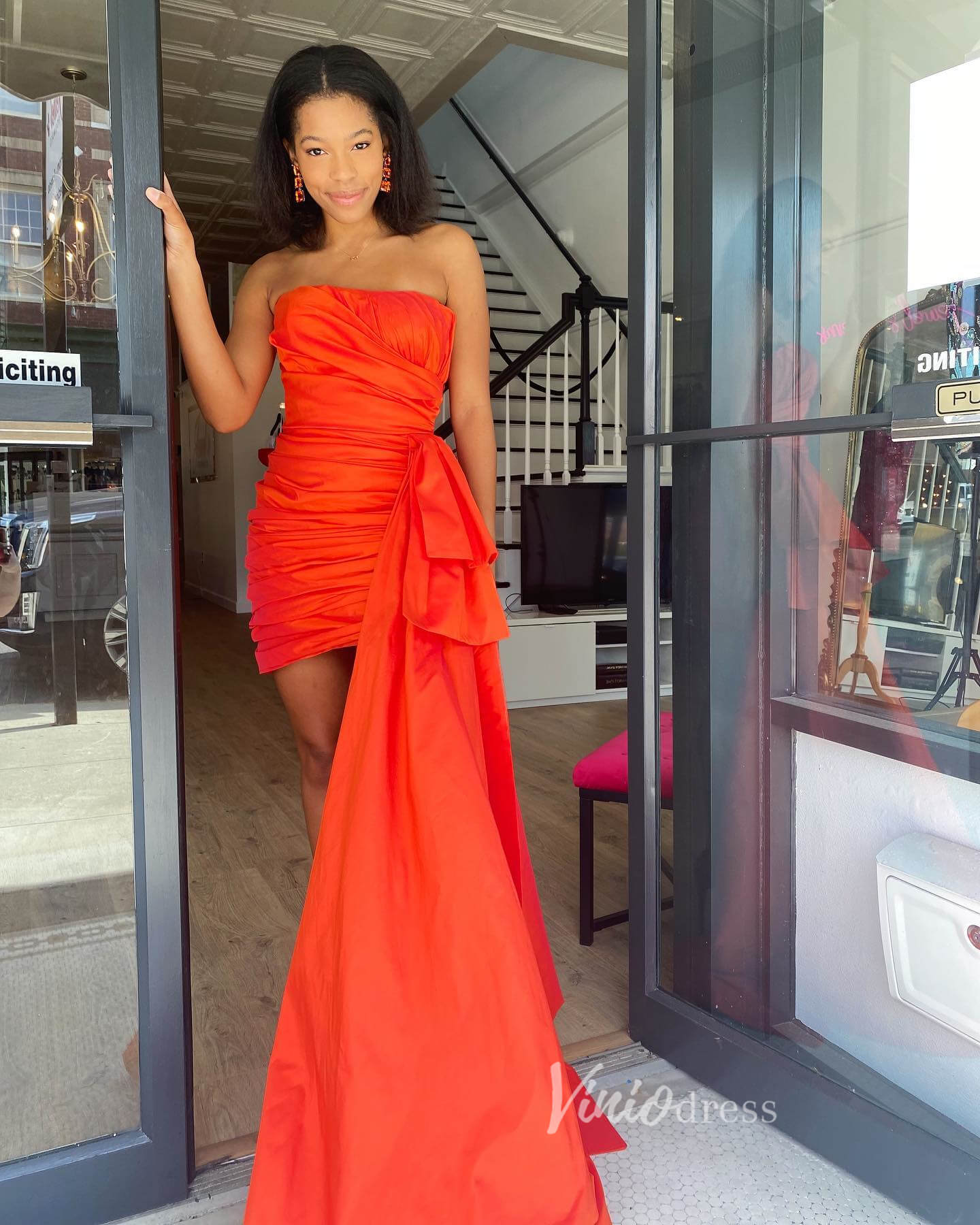 Red Side Skirt Prom Dresses Strapless Evening Dress with Bow FD3612-prom dresses 2025 -Viniodress-Red-Custom Size-