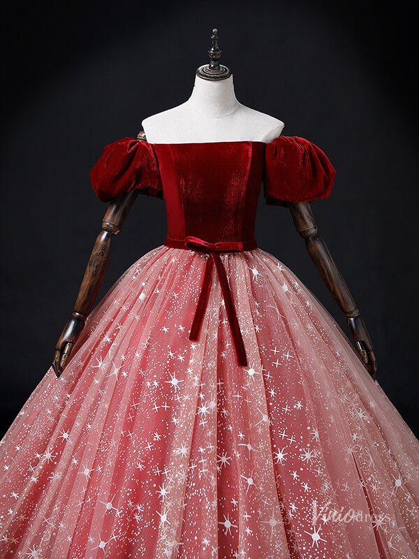 Red Starry Tulle Prom Ball Gown Velvet Puffed Sleeve Quinceanera Dresses BG069-prom dresses 2025 -Viniodress-Red-Custom Size-