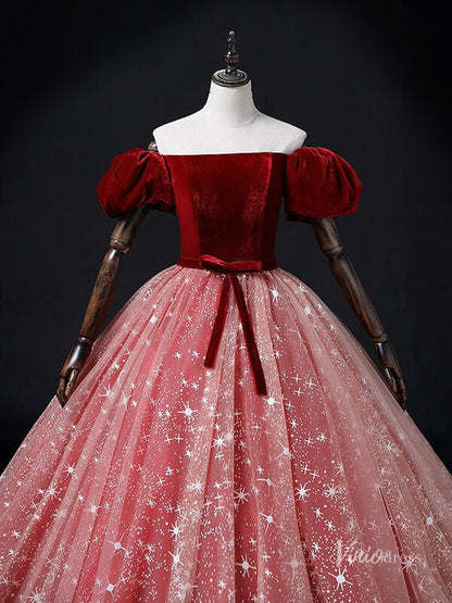 Red Starry Tulle Prom Ball Gown Velvet Puffed Sleeve Quinceanera Dresses BG069-prom dresses 2025 -Viniodress-Red-Custom Size-