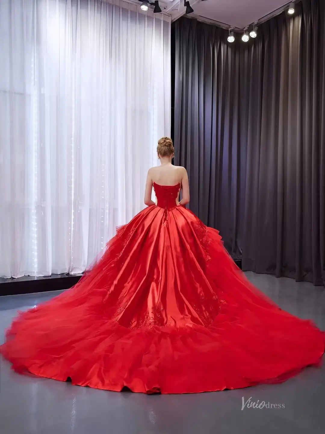 Red Strapless Ball Gown with Tulle Skirt & Lace Corset – 251014 – Viniodress