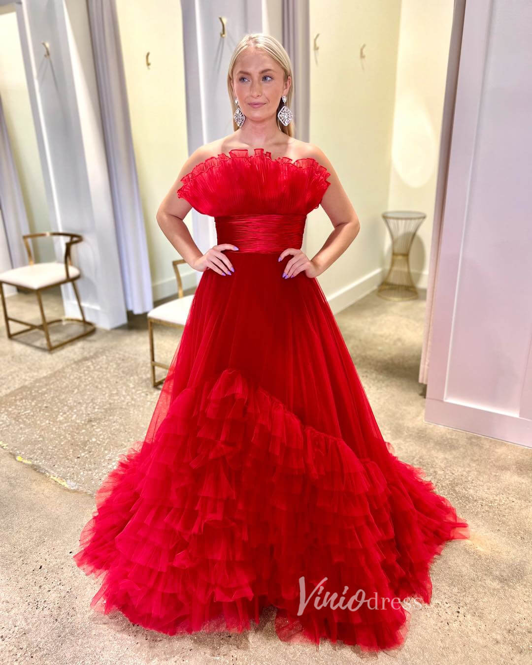 Red Tiered Ruffle Prom Dresses Strapless Formal Gown FD3633-prom dresses 2025 -Viniodress-Red-Custom Size-