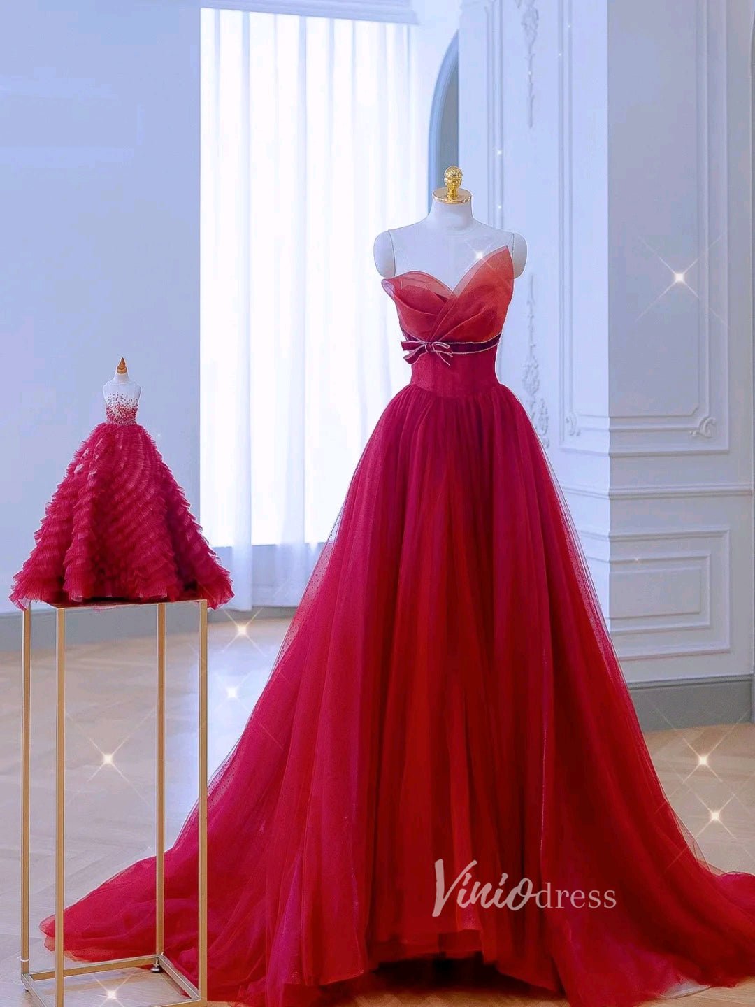 Red Tulle Prom Dresses Off the Shoulder Removable Sleeve Evening Dress FD3215-prom dresses 2025 -Viniodress-Red-Custom Size-