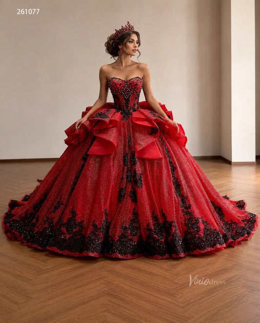 Red and black glitter ball gown with crystal-beaded corset, black lace appliques, and an oversized tiered back bow.