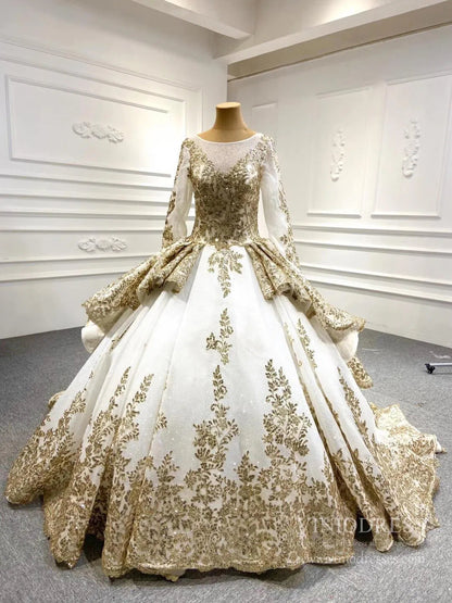 Retro Ornate Red Gold Cathedral Wedding Dresses Long Sleeves 66949-wedding dresses 2025 -Viniodress-Ivory-Custom Size-