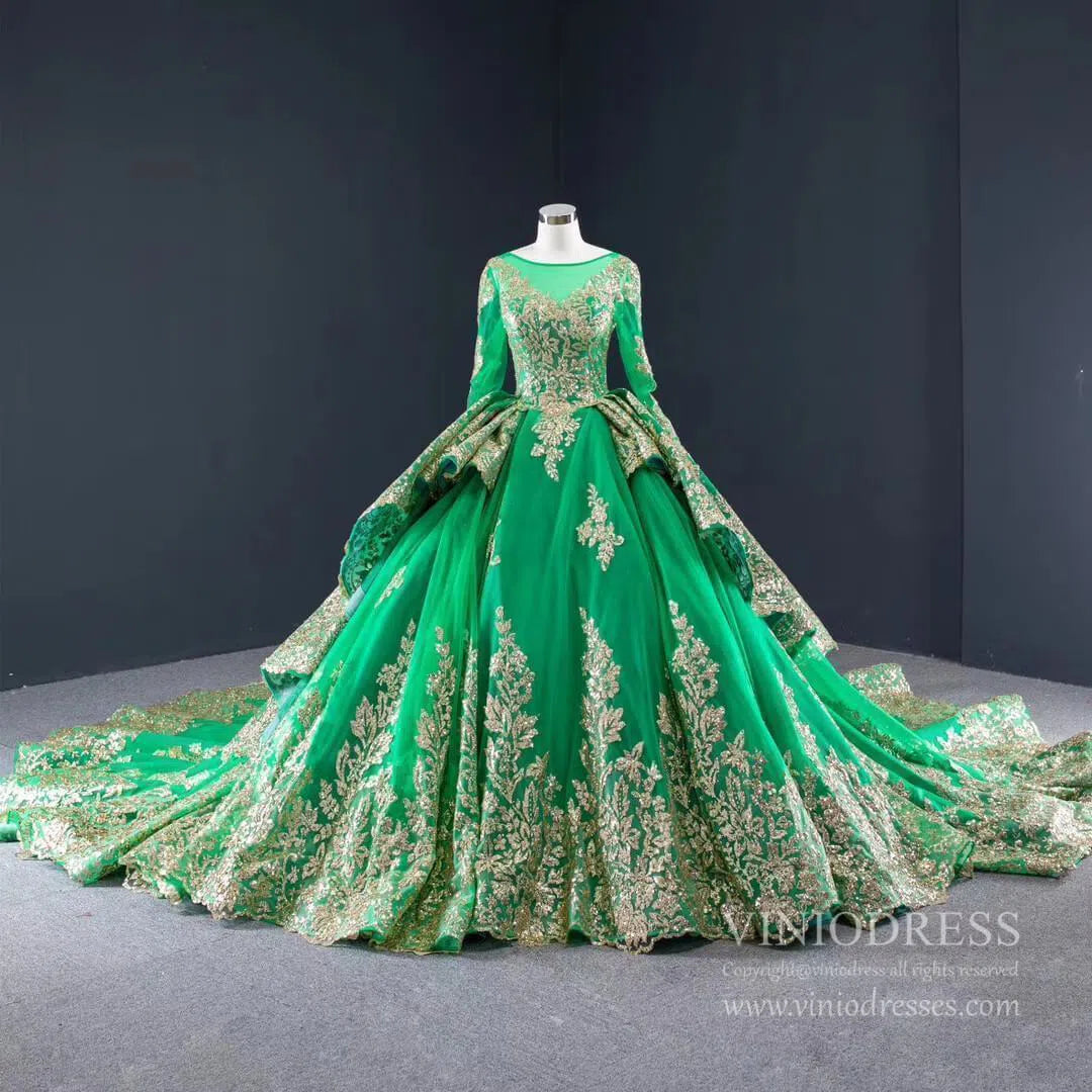 Retro Ornate Red Gold Cathedral Wedding Dresses Long Sleeves 66949-wedding dresses 2025 -Viniodress-Emerald Green-Custom Size-
