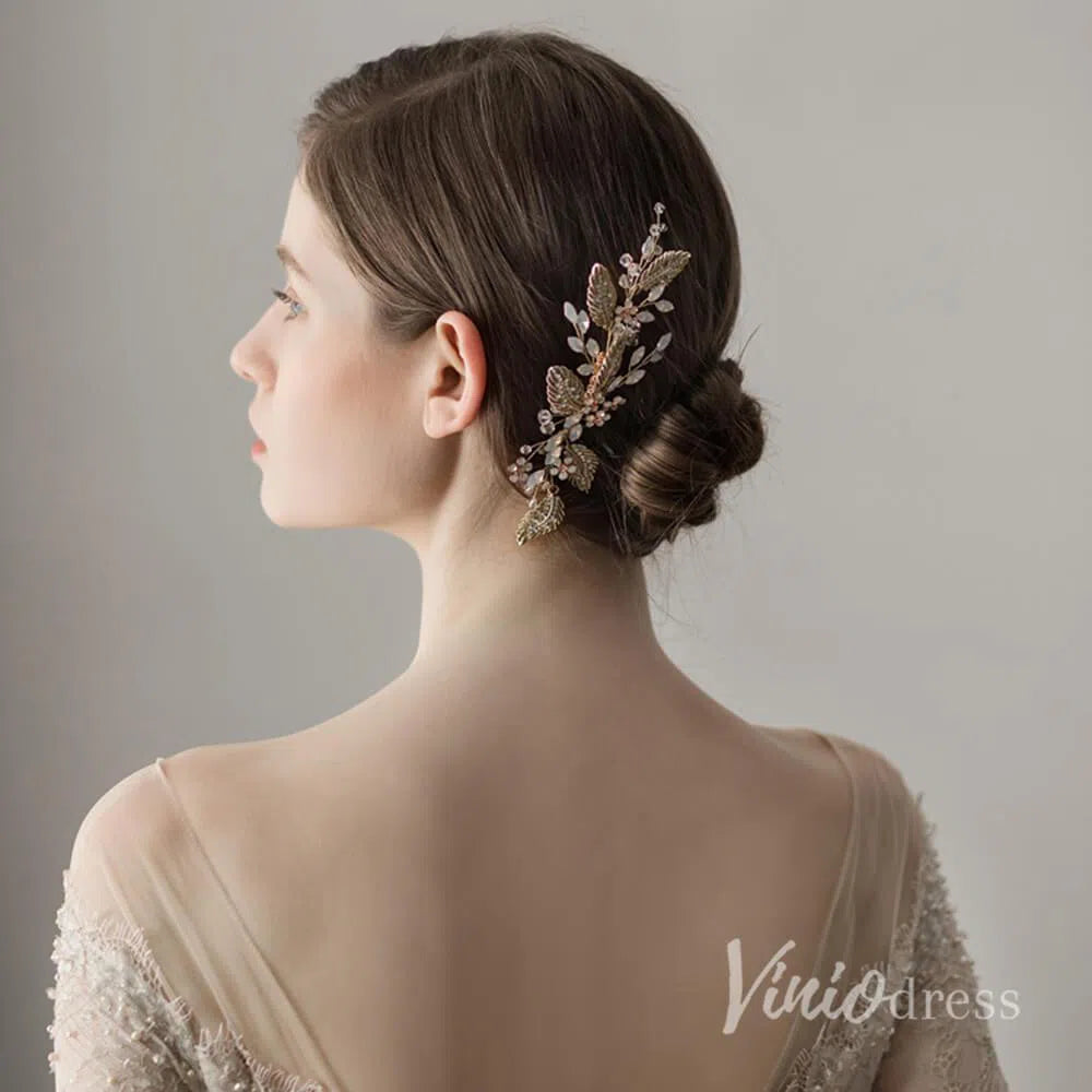 Retro Vintage Gold Comb with Crystal Sprig and Leaves ACC1129-Headpieces 2025 -Viniodress-Gold-