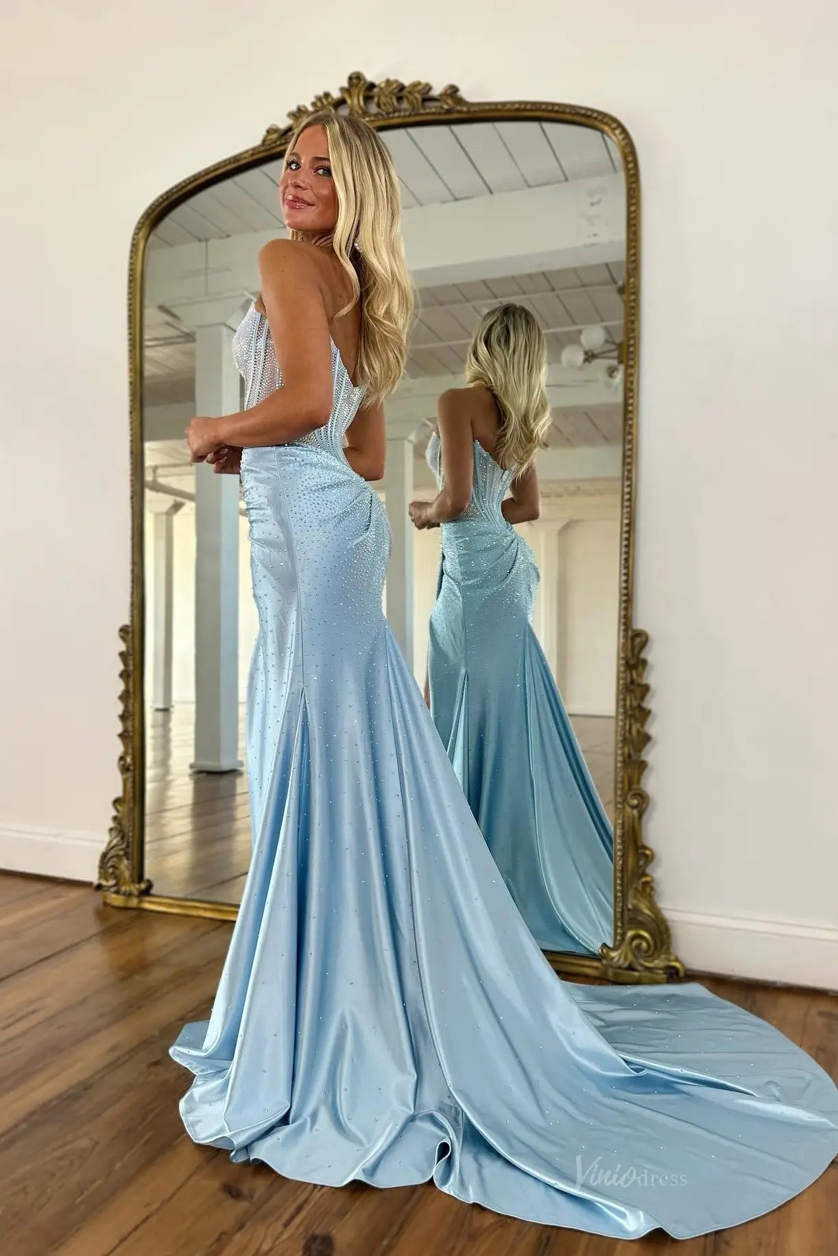 Mint Green Rhinestone Prom Dress with Sheer Corset & Slit – SS222 – Viniodress