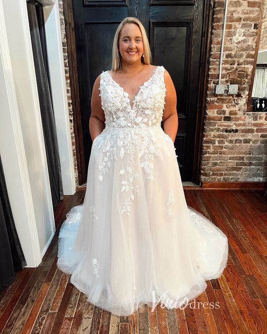 Romantic A-Line Tulle Wedding Dress | 3D Leaf Lace Appliqué Bridal Gown with Pockets, V-Neck VW2188-wedding dresses 2025 -Viniodress-Ivory-Custom Size-