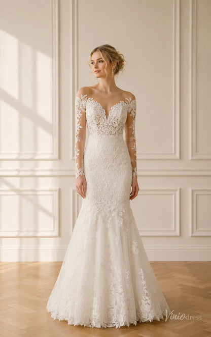 Ivory mermaid wedding dress with long illusion lace sleeves, floral appliqué, and a deep V-neckline.