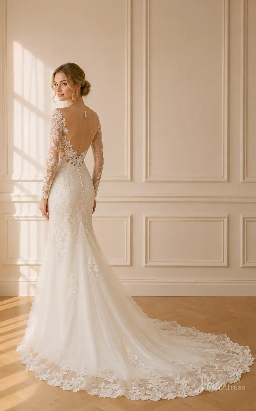 Ivory mermaid wedding dress with long illusion lace sleeves, floral appliqué, and an elegant open back with a lace train.