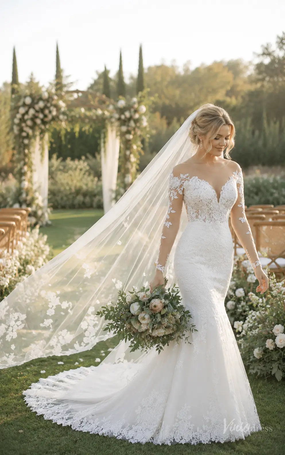 Ivory mermaid wedding dress with long illusion lace sleeves, floral appliqué, V-neckline, and a lace-trimmed train.