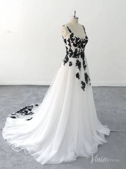 Romantic Black Lace Appliqued White Wedding Dress with Scoop Neckline and Chapel Train – BK121-wedding dresses 2025 -Viniodress-Ivory-Custom Size-
