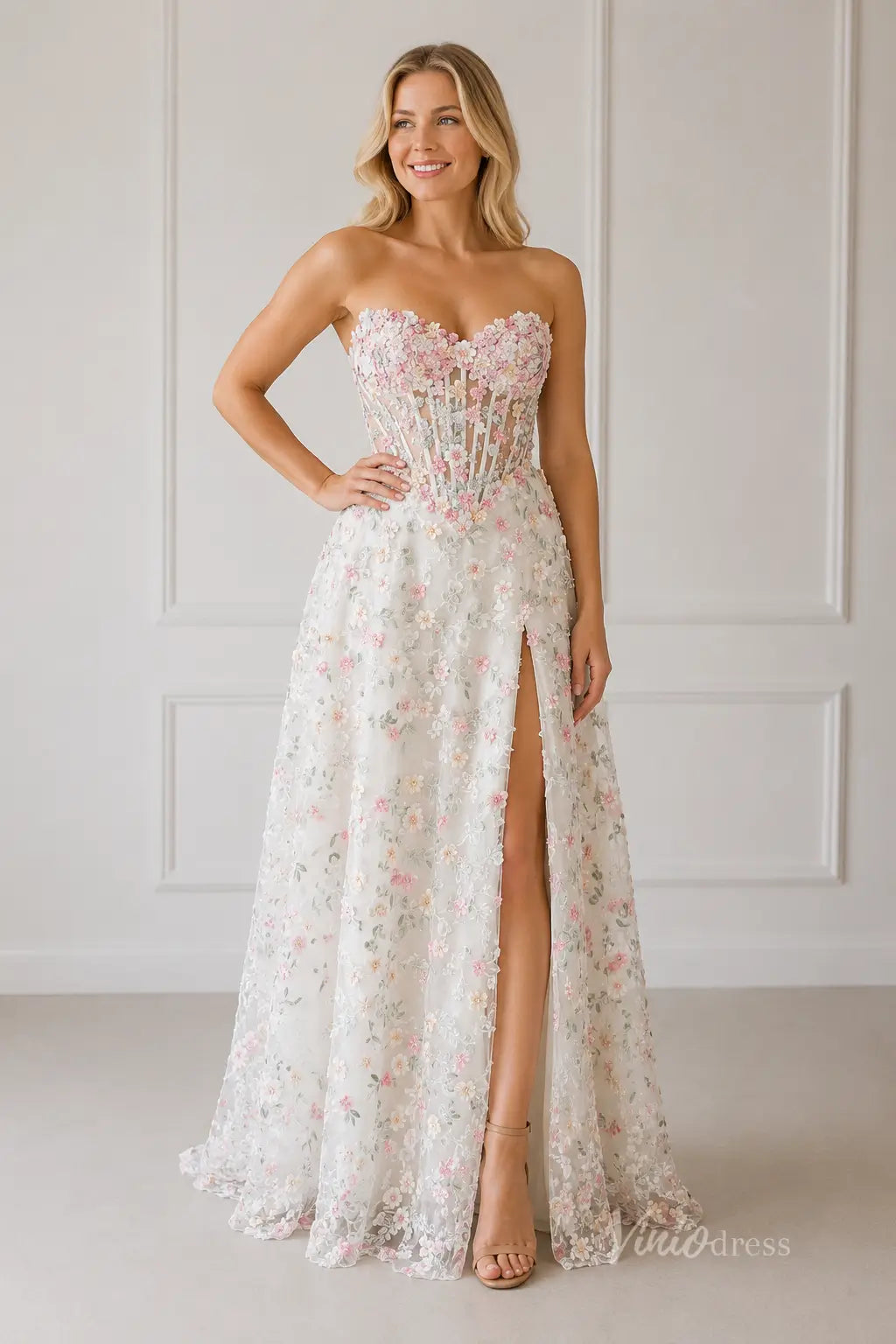 Blush 3D Floral Wedding Dress with Sheer Corset