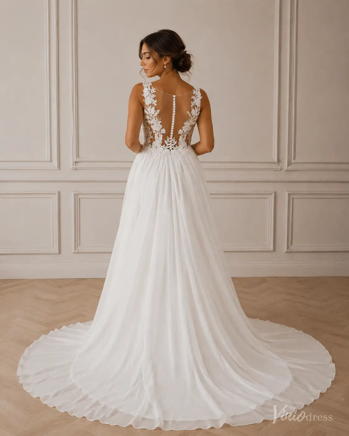 Chiffon A-Line Wedding Dress with Lace Bodice and Pockets