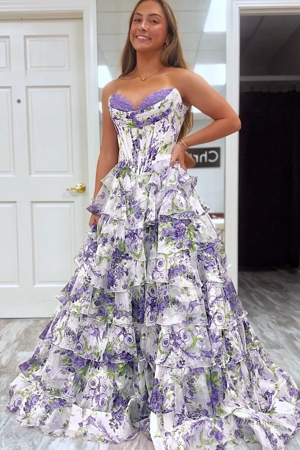 Romantic Floral Corset Prom Dresses with Tiered Ruffle Skirt Sweetheart Neckline RF055-prom dresses 2026-Viniodress-Pink-Custom Size – Add Measurements in Cart-