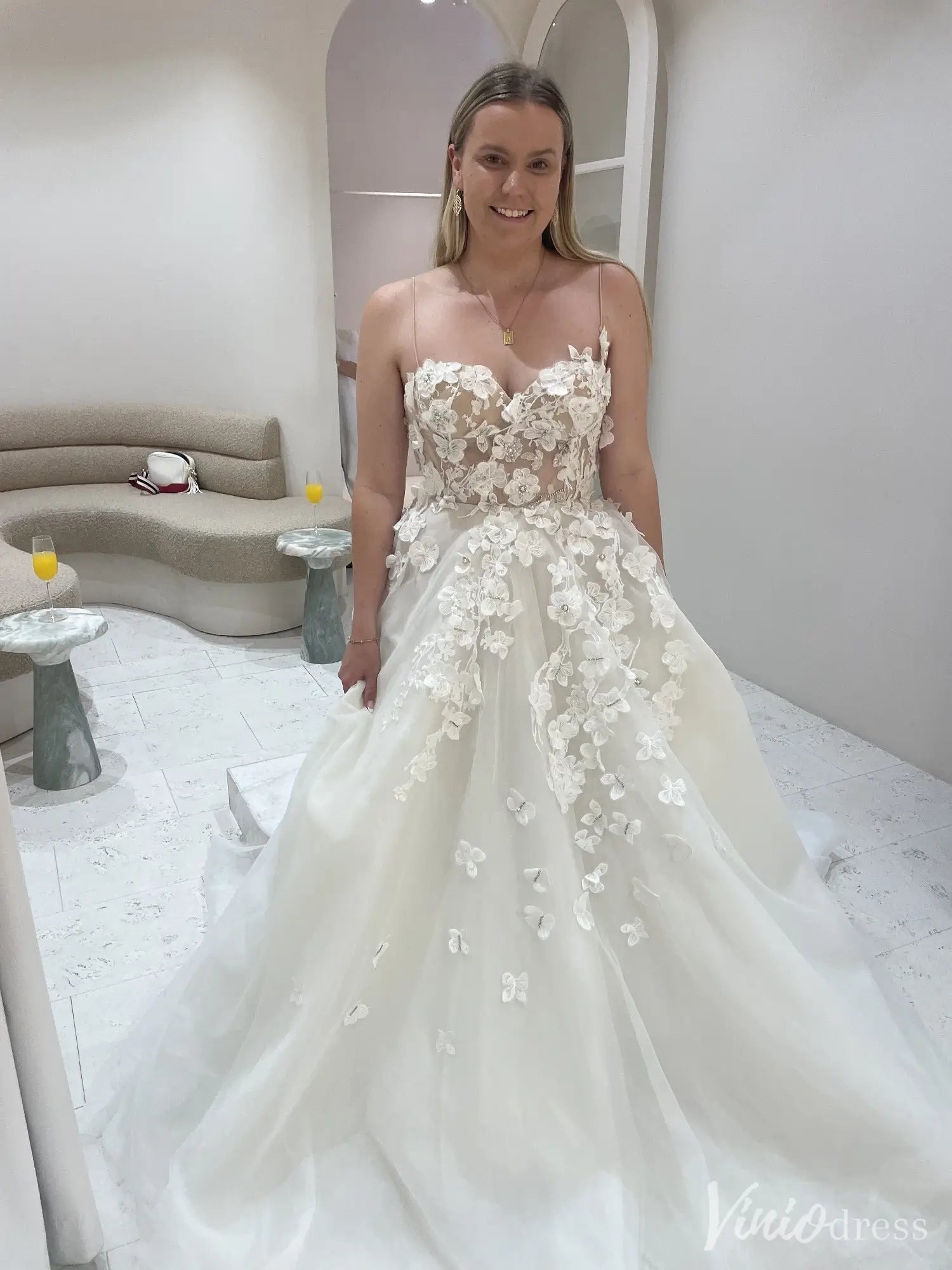 Romantic Floral Lace Wedding Dress with Illusion Bodice & Spaghetti St – Viniodress