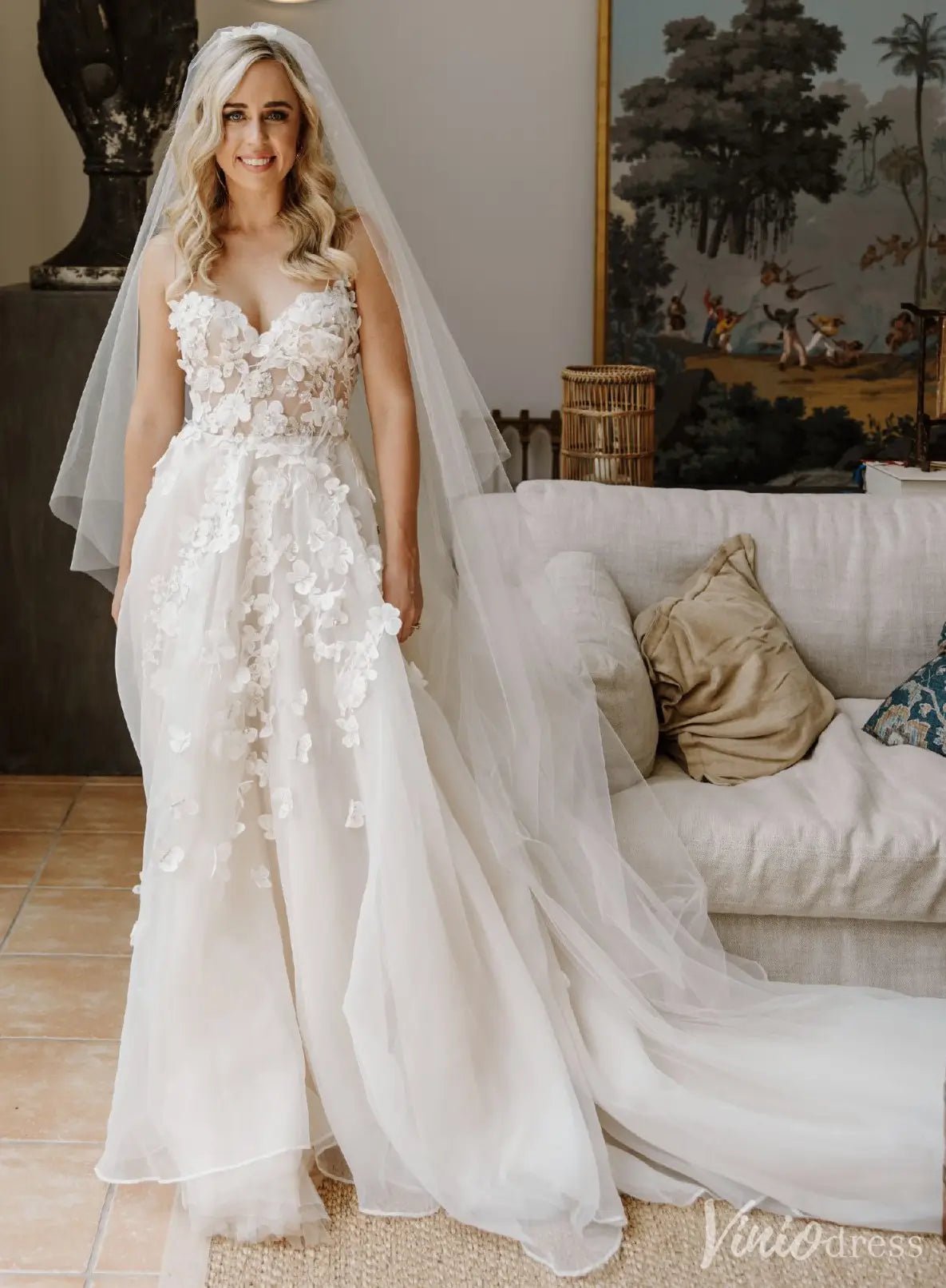 Romantic Floral Lace Wedding Dress with Illusion Bodice & Spaghetti Straps – VW2523-wedding dresses 2025 -Viniodress-Ivory-Custom Size-