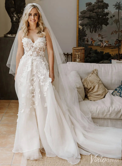 Romantic Floral Lace Wedding Dress with Illusion Bodice & Spaghetti Straps – VW2523-wedding dresses 2025 -Viniodress-Ivory-Custom Size-