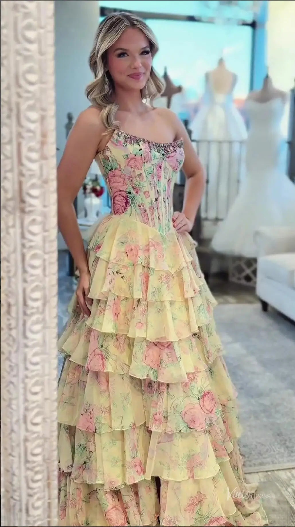 Floral Print Tiered Ruffle Prom Dress, Beaded Neckline & Slit – RFH001 – Viniodress