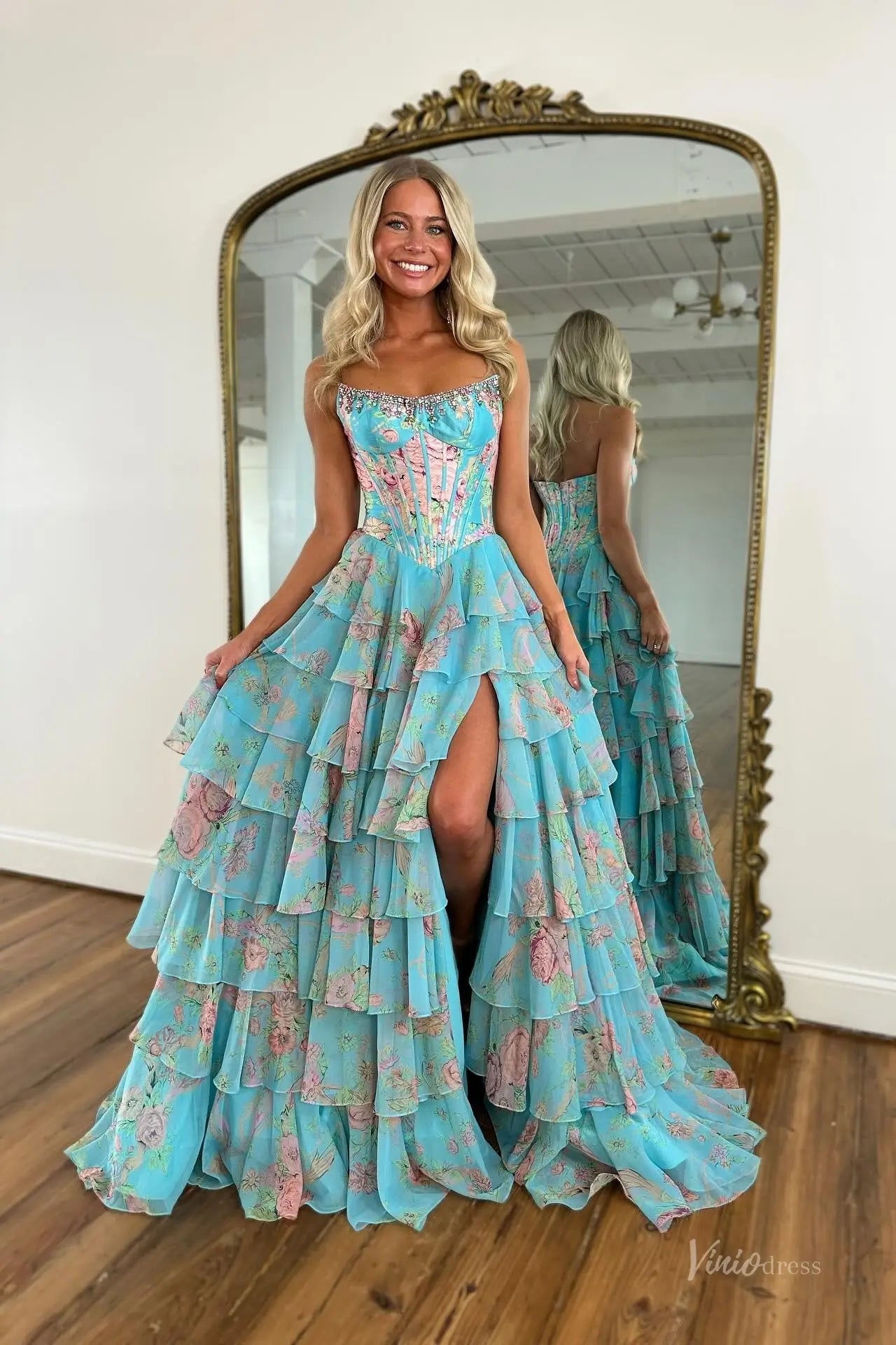 Floral Print Tiered Ruffle Prom Dress, Beaded Neckline & Slit – RFH001 – Viniodress