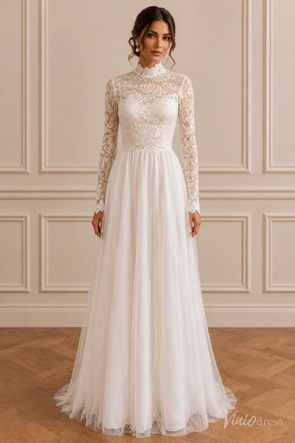 White A-line wedding dress featuring a high-neck lace bodice, long sleeves, and a flowing floor-length tulle skirt.