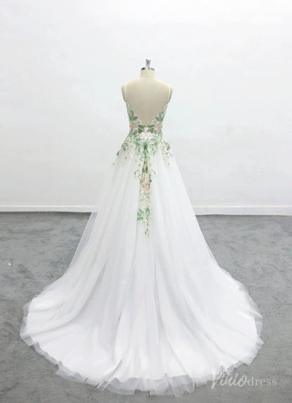 Romantic Ivory Floral Embroidered Wedding Dress with Spaghetti Straps, Sheer Bodice & Tulle A-Line Skirt – FW228-wedding dresses 2025 -Viniodress-Ivory-Custom Size-